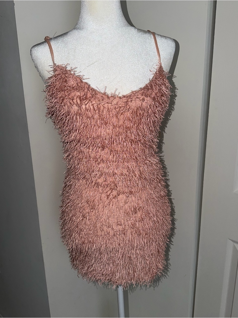Hot & Delicious Textured Fringe Spaghetti Strap Mini Dress - Peach